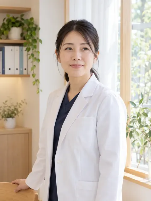 院長 森野 遥(架空)。白衣を着て診療室に立っている(AIで作成した見本写真)